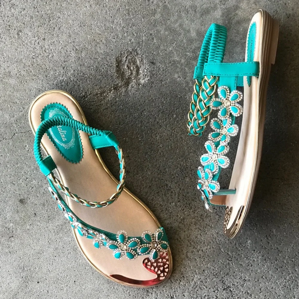 Restock! Italina Green Daisy Flower Rhinestone Gold Woven Slingback Sandal - Picture 7 of 14